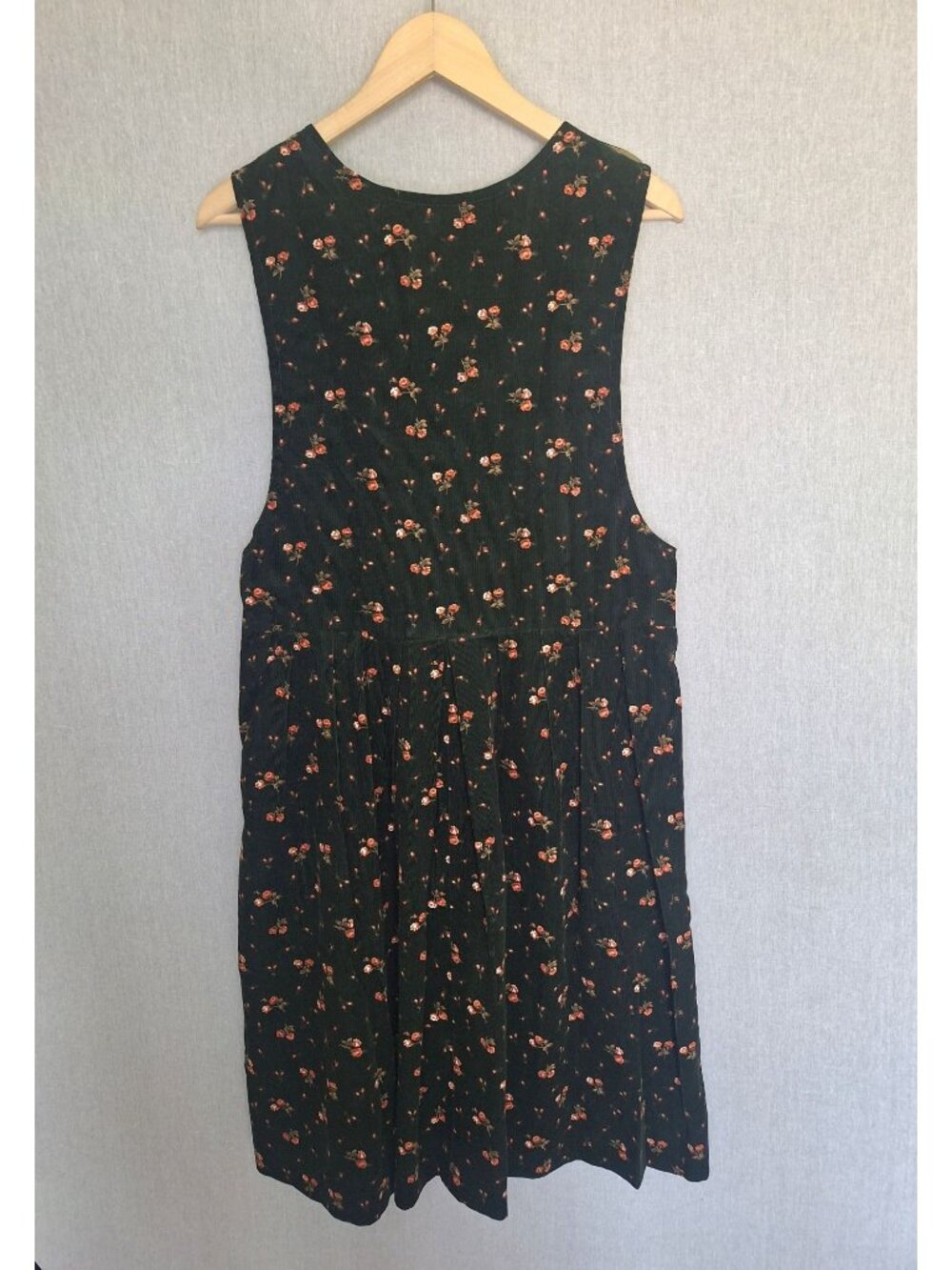 💙 Floral Corduroy Pinafore Midi Dress Size M Pleated Olive Green Sleeveless Jum - Picture 7 of 8